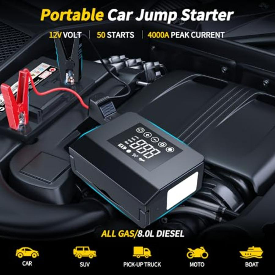 4000A Jump Starter with Air Compressor 150PSI 12V Smart Portable Car Jump Starter All Gas 8.0L Diesel 15000mAh Power Bank Jumpe