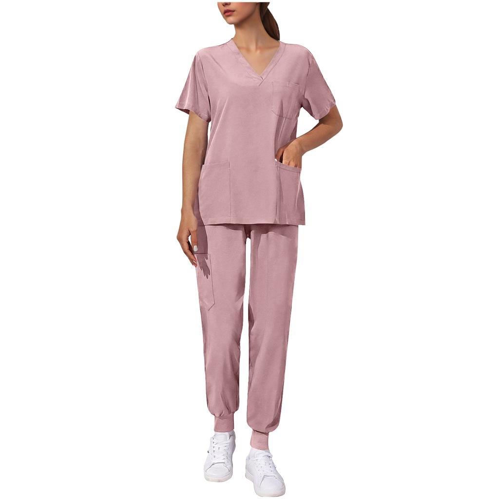 Women's Uniform Quick,drying Fabric Color V,neck Pocket Short,sleeved Trousers Suit Uniform Suit