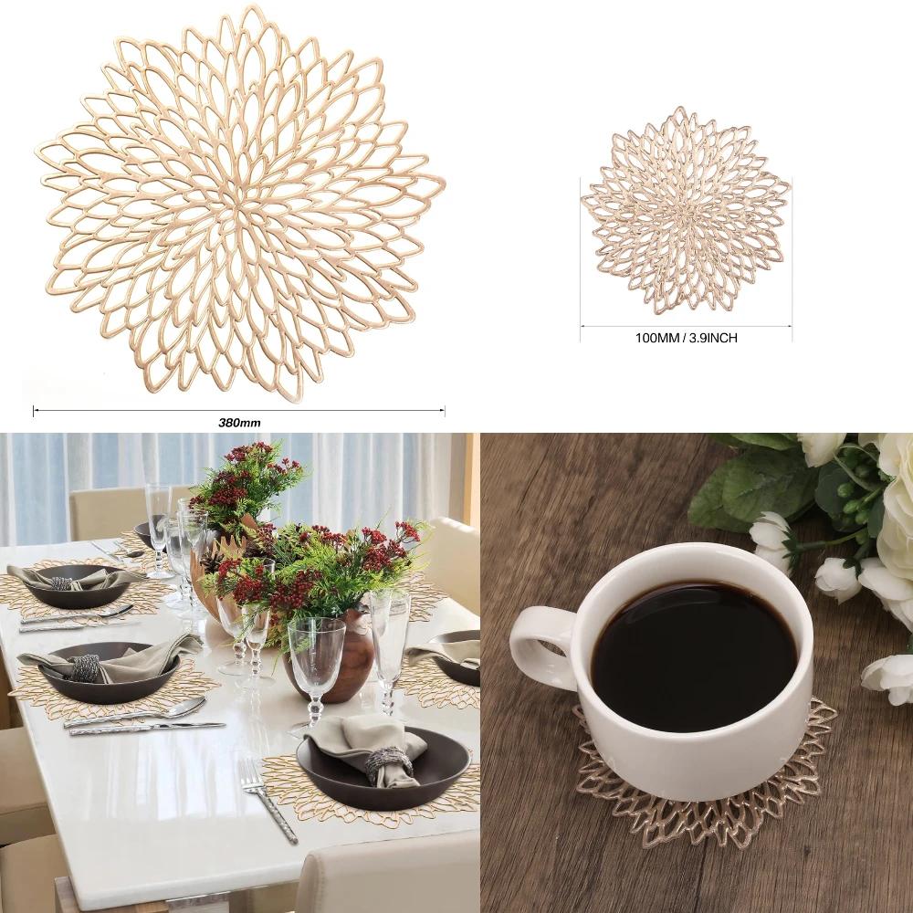 Set of 4 Metallic Placemats Set Vinyl Leaf Design Table Placemats for Christmas Thanksgiving Wedding Dinner Table Mat Coaster