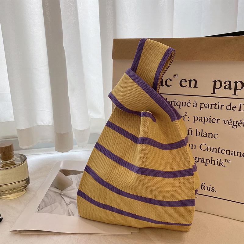 Handmade Knit Handbag Women Mini Knot Wrist Bag Fashion Casual Color Wide Stripe Plaid Tote Bag