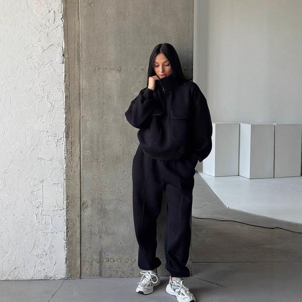 

Women s Autumn Fashion Pocket Long Sleeve Half-Open Collar Sporty Casual Pants Set XXL