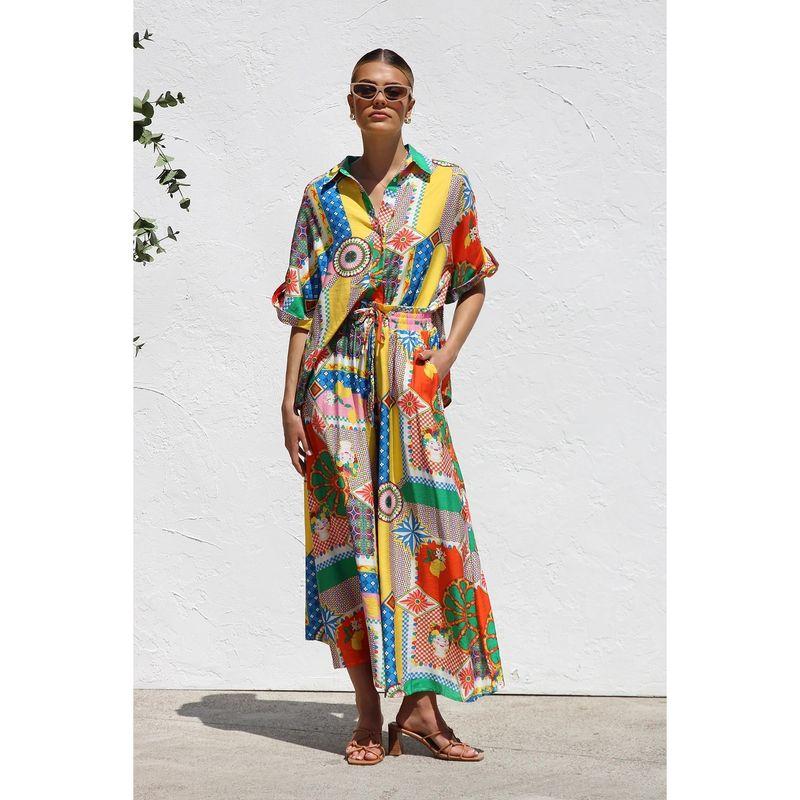 

European and American New Casual Fashion Temperament Holiday Style Beach Skirt Blouse Collar Set Flower color S