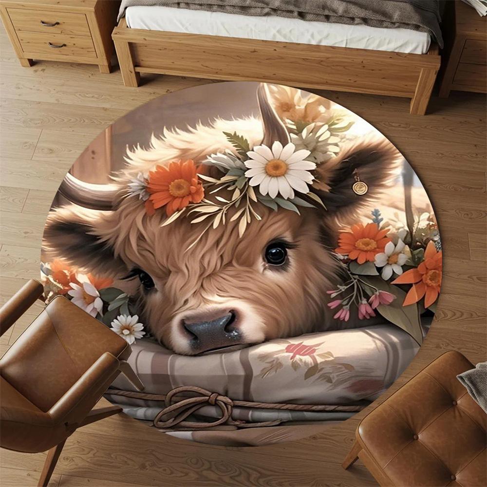 1PC Cute Cow Flowers Pillow Round Chair Mat Area Rug - Non-Slip, Floor Mat for Office, Bedroom, Home Decor Christmas Gift C0528105