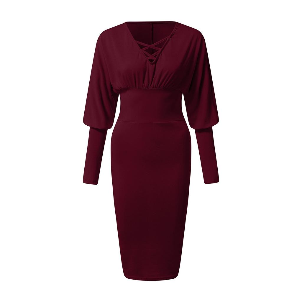 Women Sexy Deep V-Neck Drawstring Pleated Hip Skirt Long Sleeve Tight Dress