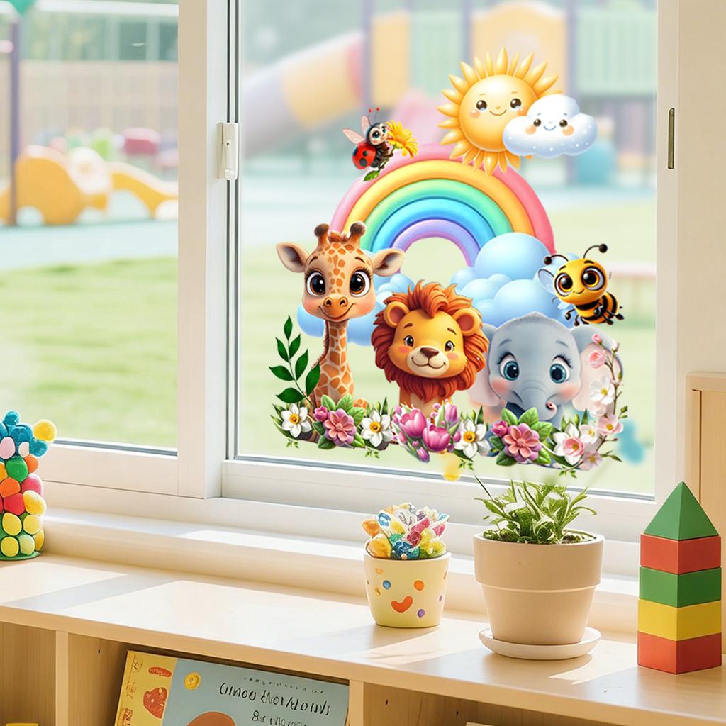 Cartoon Animal Park Static Electricity Glass Stickers for Children's Room, Bedroom and Living Room Wall Decoration Stickers
