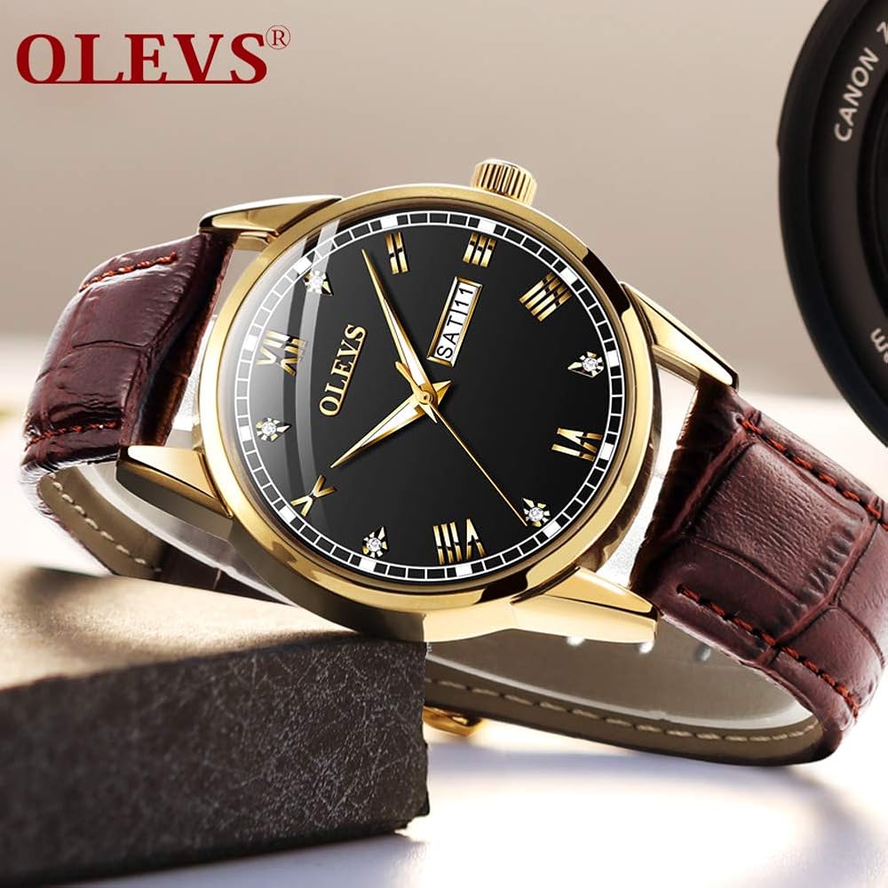OLEVS Men's Ultra-Thin Analog Quartz Watch with Leather Strap and Date Display