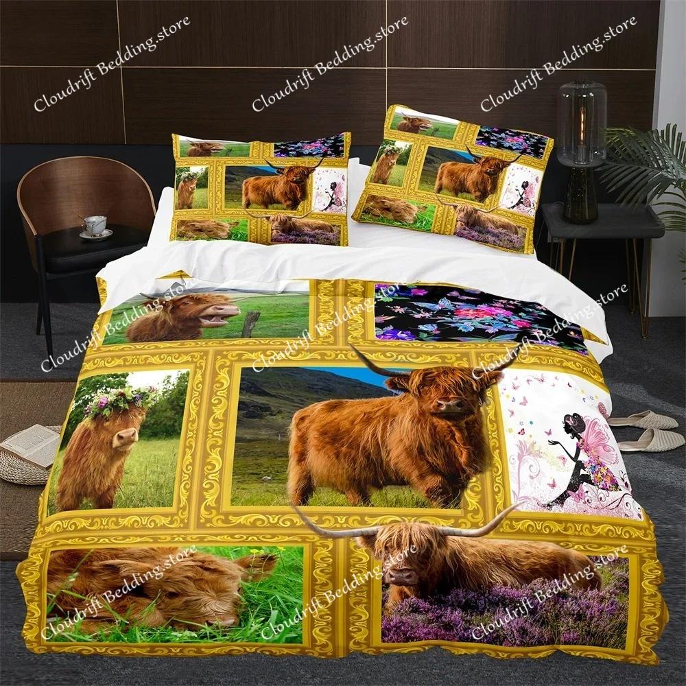 Highland Cow Duvet Cover King Queen Cattle Bedding Set Farmhouse Animal Quilt Cover Western Funny Bull Polyester Comforter Cover