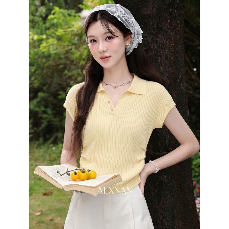Women s Yellow Slim-Fit Polo Knit T-Shirt M
