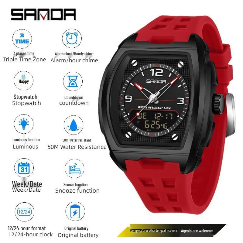 Sanda Dual Display Multifunctional Waterproof Luminous Men's Wristwatch