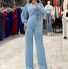 European & American Style Chiffon Spliced Long Sleeve Women's Office Jumpsuit