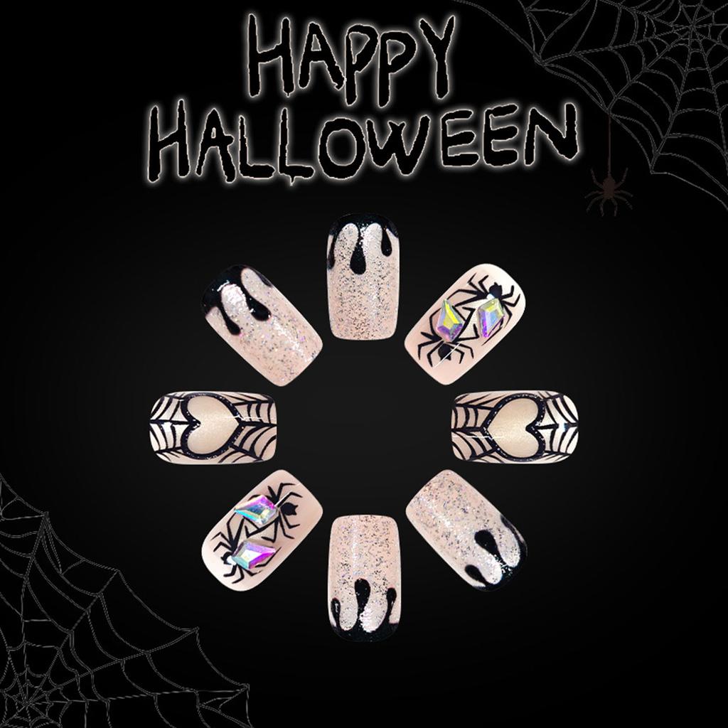 24 stycken Halloween Spindelnät Glitter Press-On Naglar Med Hjärtdesign Falska Naglar För Kvinnor Flickor