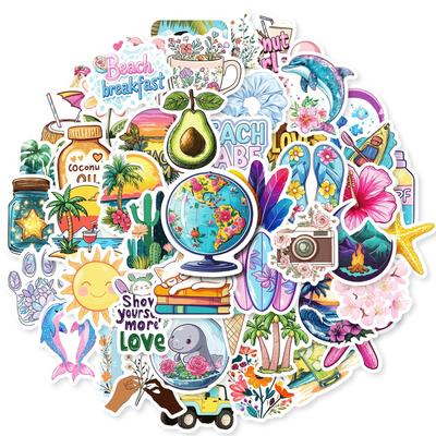 50 Beach Style Series Pp Waterproof Decorative Stickers Children's Reward Stickers Toys DIY Diary Manual Books