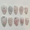24PCS Sweet Roses False Nails with Glue Pink Gradient Bow Pearl French Fake Nails for Girls Artificial Wearable Almond Press On