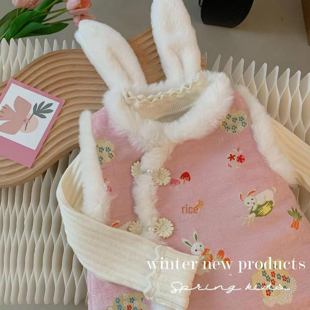 Girls' Jade Rabbit Tang Suit: Autumn/Winter Western-Style New Year Outfit