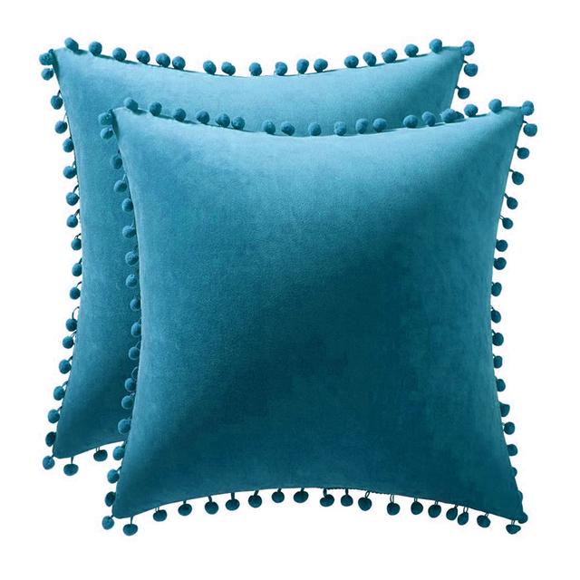 Set of 2 Velvet PIllowcase Solid Cushion Cover with Pom Poms Ball Throw Pillow Covers for Home Bed Sofa Decor 45X45  30X50 Cm