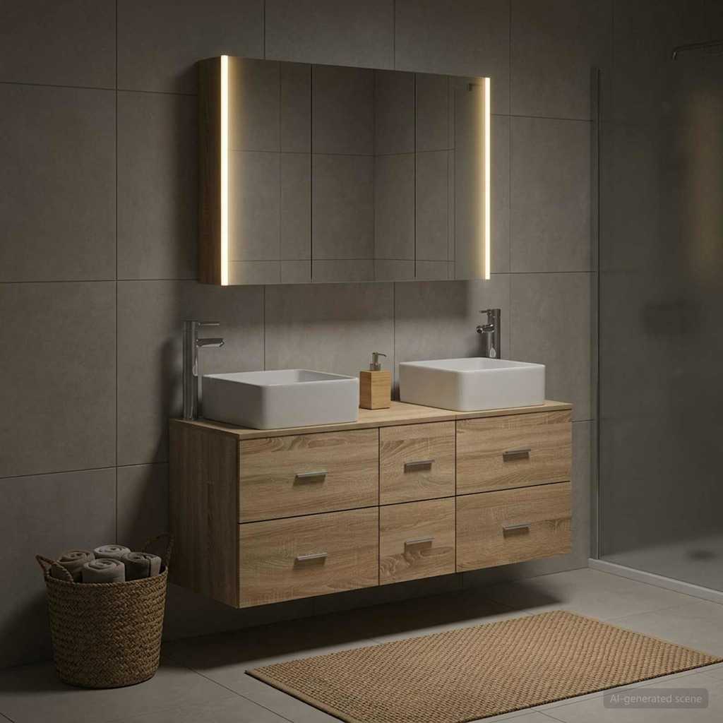 4 Piece Bathroom Furniture Set Sonoma Oak Engineered Wood and Glass