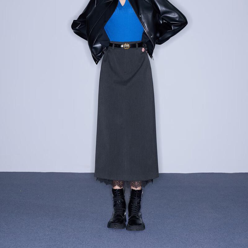 Sancai 2025 Winter Lace Hem High-Waist Straight Skirt S