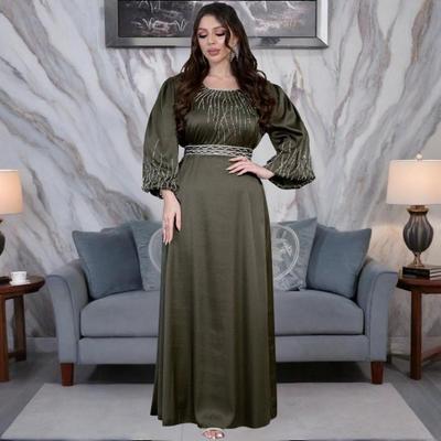 Vestido Abaya para Mulheres Eid Ramadão Oração Roupas Islâmicas Manga Comprida Gola Redonda Dubai Turco Vestido de Noite