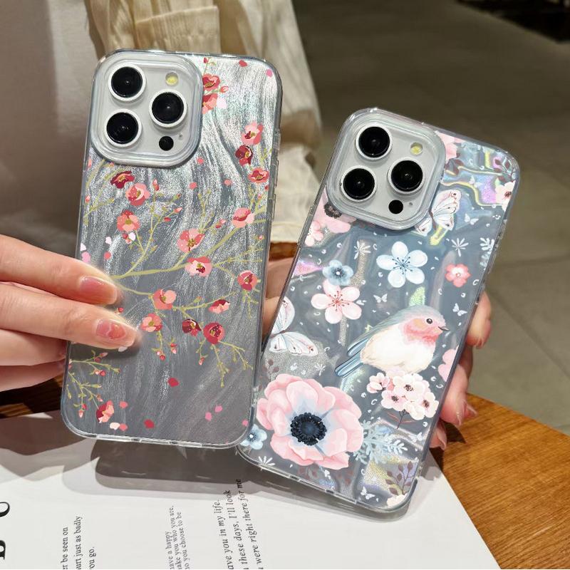 Floral Print Slim Glitter Phone Case For iPhone 16 Pro Max 15 14 Pro 13 12 11 Feather Sparkling Shockproof Clear Soft Edge Hard PC Back Cover