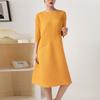Womens Loose Fit Solid Color Round Neck 7/8 Sleeve Pleated Midi Dress Office Casual Wear