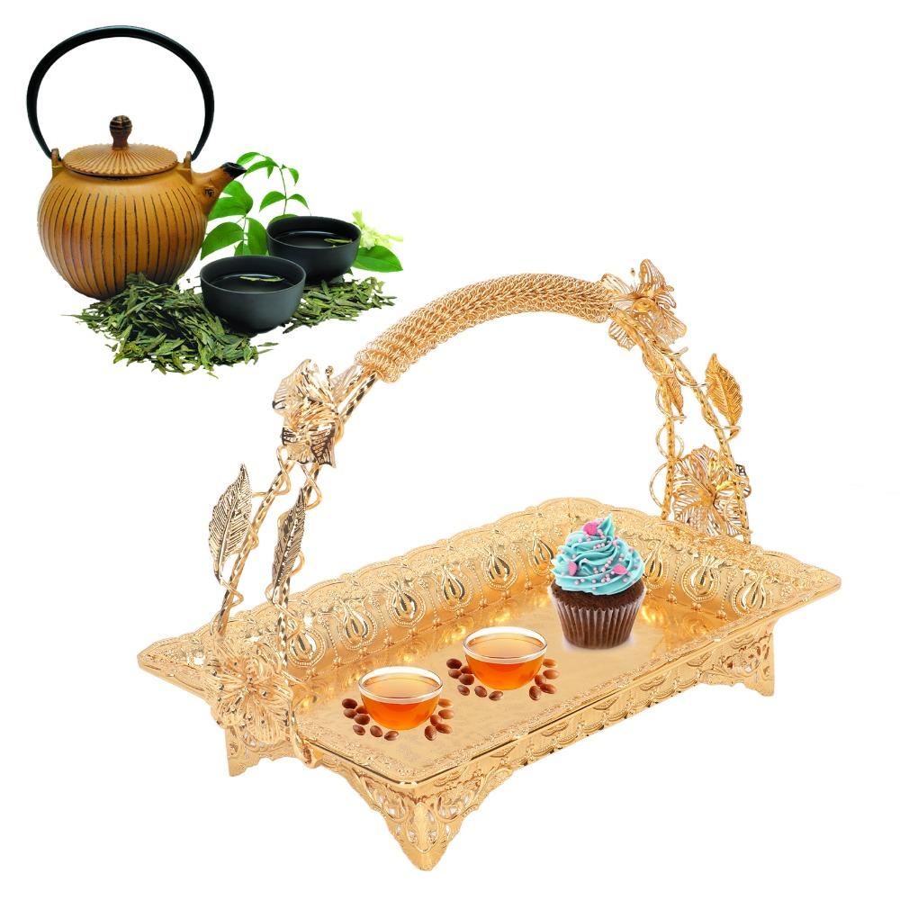 2pcs Alloy Metal Serving Tray Gold Vintage Tea Tray Decorative Coffee Tray  For Home Bar