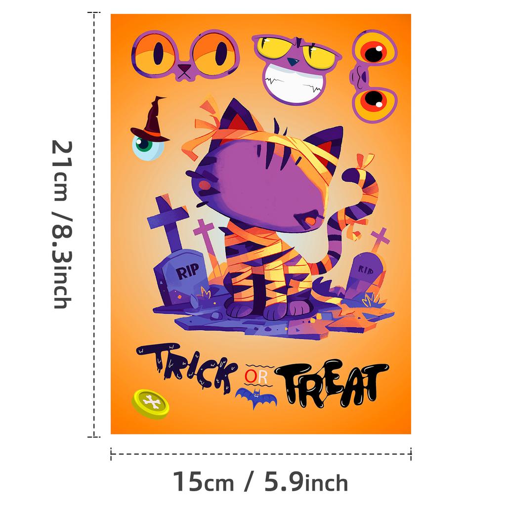 6PCS Pack Spooky Holiday Puzzle Stickers - DIY Facial Replacement Decorative Stickers Featuring Pumpkins Cats Skeletons Designed for Children Plus