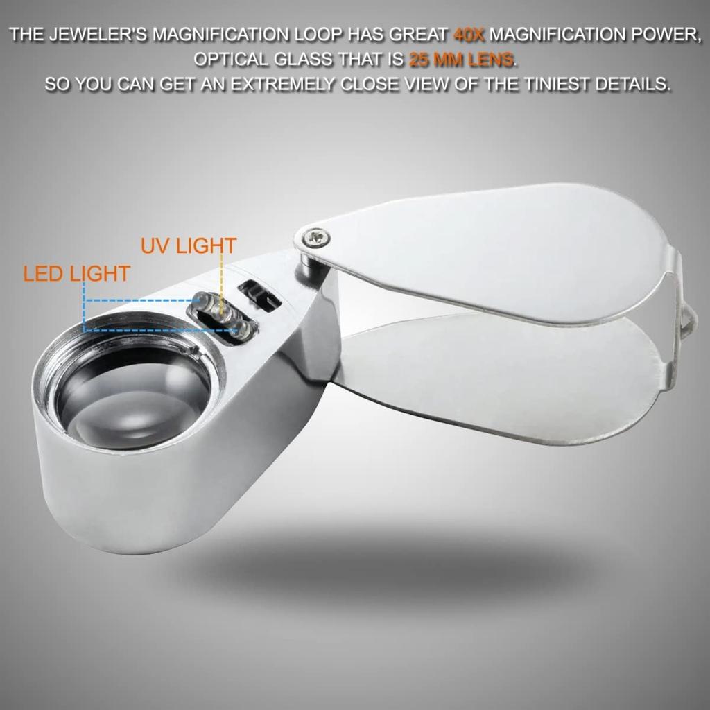 40x 25mm Jeweller Magnifier Pocket Folding Magnifying Jewelry Eye Loupe with LED Light Illuminated LED Currency Detecting/Jewlers Identifying Type