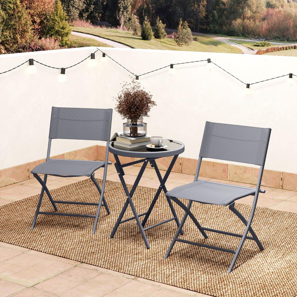3 Pieces Outdoor Bistro Set Glass Top Outdoor Table And 2 Folding Chairs With Protecting Feet Grey