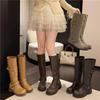 Large Size Street-Stunning Hot Girl Vintage Faded Distressed Long Motorcycle Boots For Women, Autumn/Winter Chunky Heel Workwear Knee-Length Boots