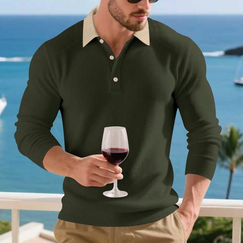 Spring and Autumn New Product Heavyweight Men's Loose Hollow Holiday Casual Lapel POLO Shirt Long Sleeve