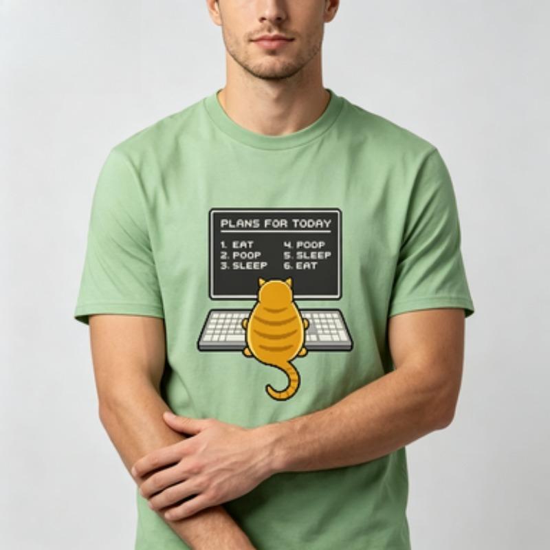 Soft Cotton Unisex Tshirt Funny Cat Computer Daily Schedule Art Print Oneck Trendy Pet Owner Casual Daily Outfit Tops