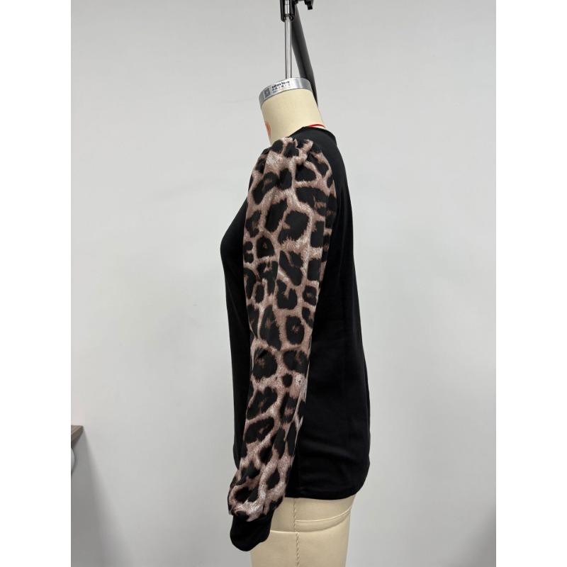 Women Long Sleeve Round Neck Leopard Print Casual T Shirt