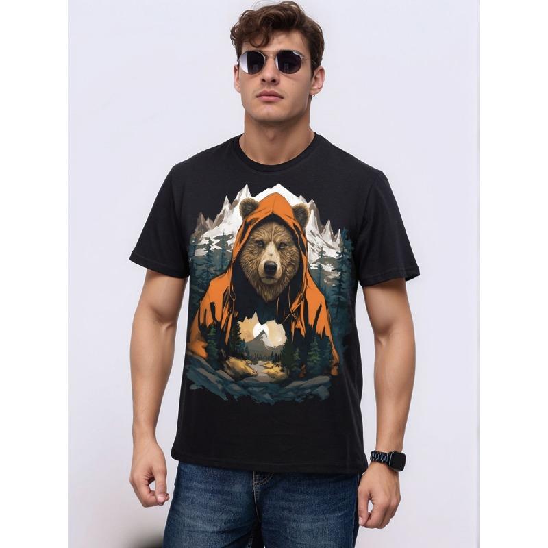 Summer Men's Short-Sleeve T-Shirt Brown Bear Landscape Pattern Print Lightweight Durable Hiking Casual Attire Casual Man Clothes