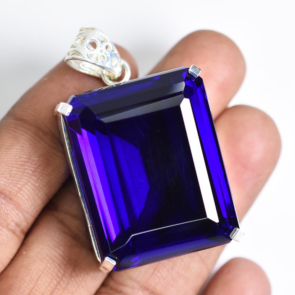 

CERTIFIED Emerald Blue Tanzanite 158 Ct 925 Sterling Silver Pendant Lab Created 45.8 mm approx різнокольоровий