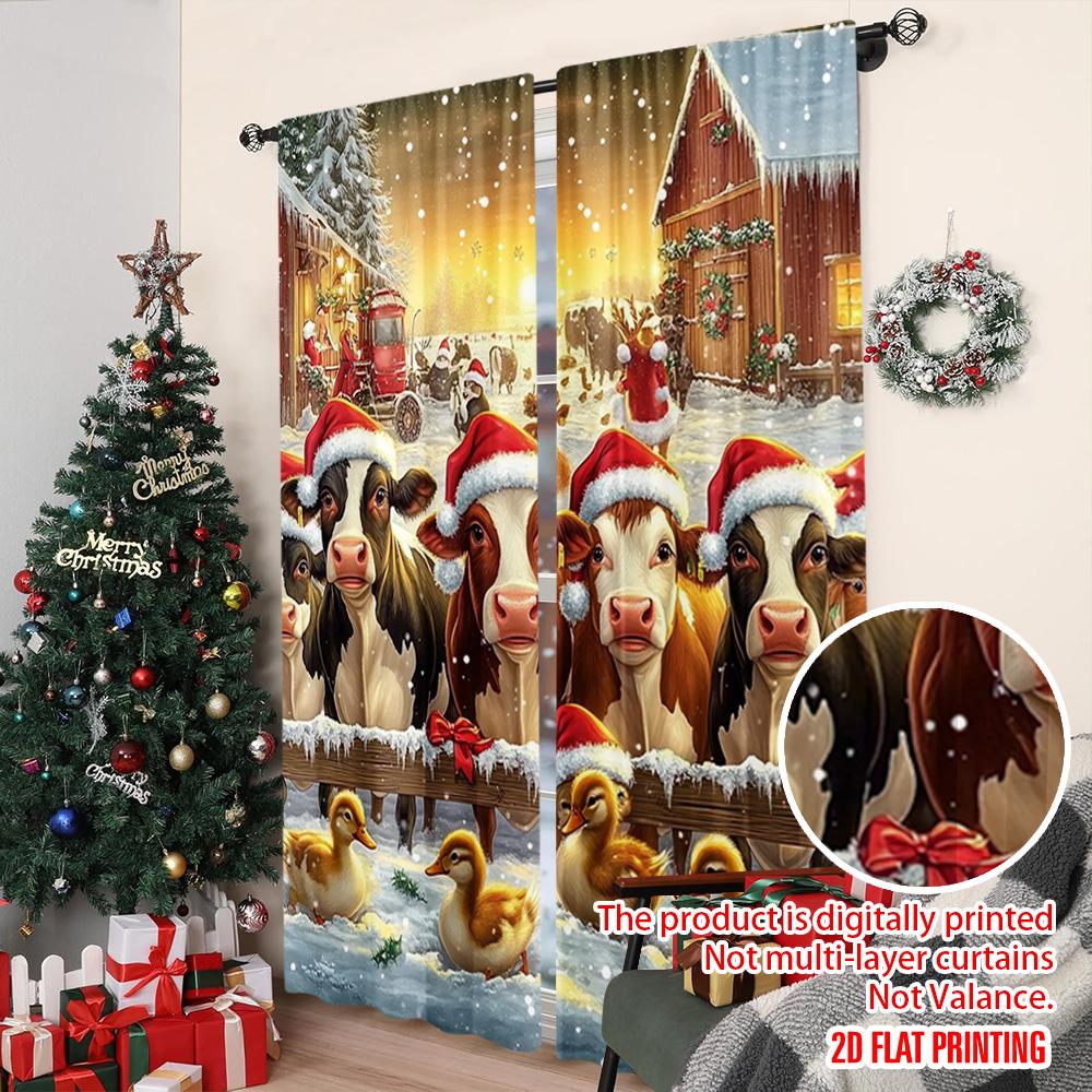 2pcs 2D flat printing Christmas Curtains Merry Christmas Farm Cute Animals Versatile Polyester Without Electricity Family Party