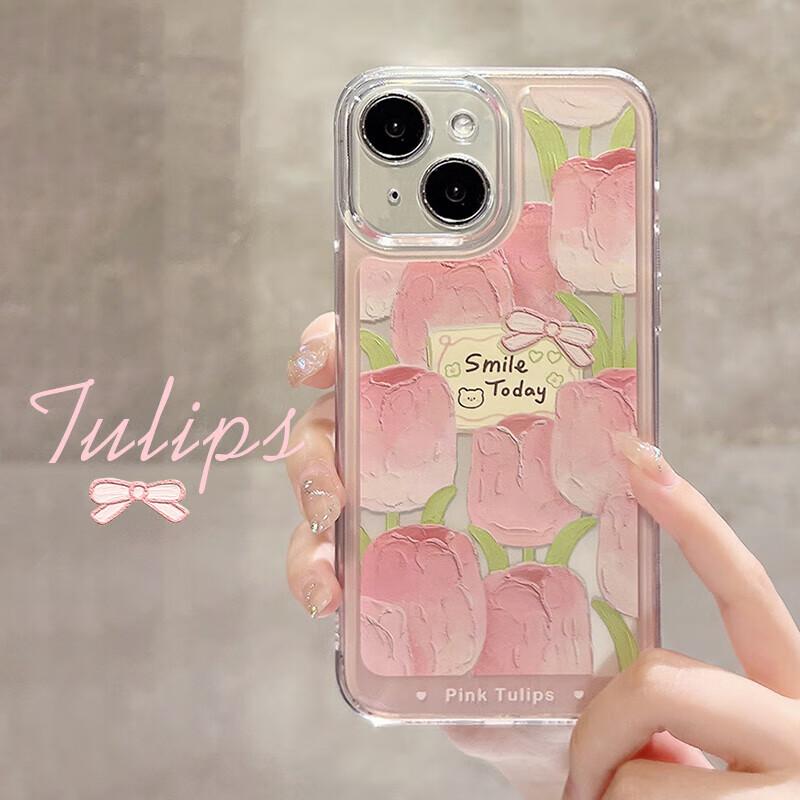 IPhone 13 Case, Full Protection Shockproof Cover, Creative Transparent Painted Oil Painting Card Tulip Desig