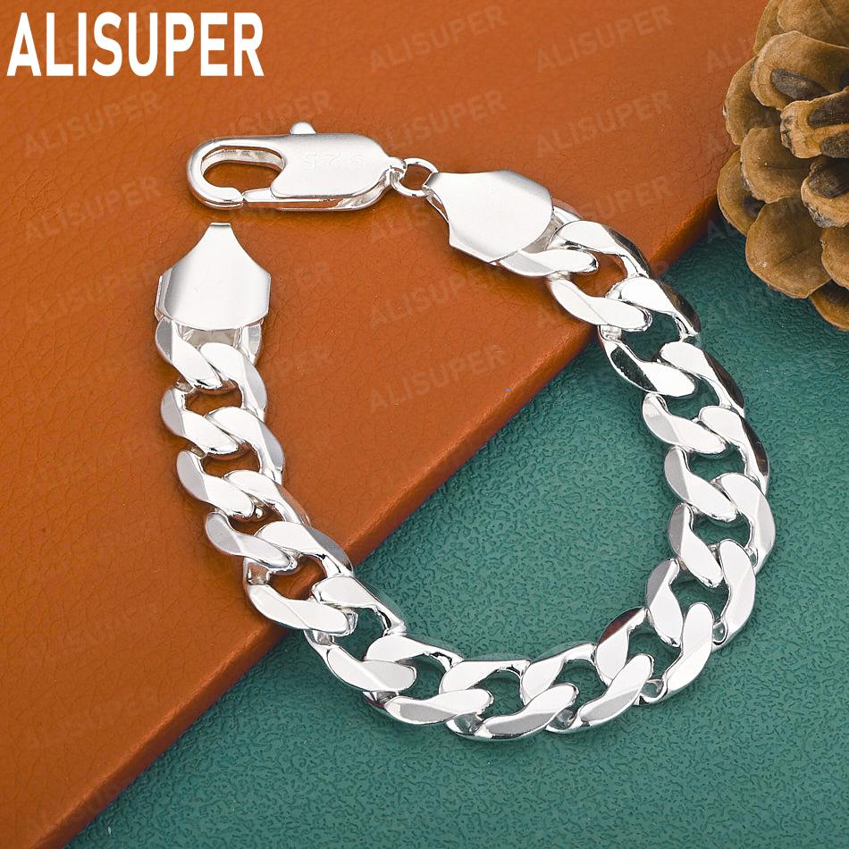 925 Sterling Silver 12mm Simple Interlocking Side Chain Atmospheric Bracelet Gift Jewelry 20CM