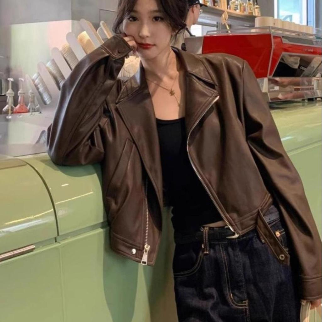 Women's Slimming PU Leather Jacket - Spring/Autumn, Lapel, Petite and Versatile Fashion