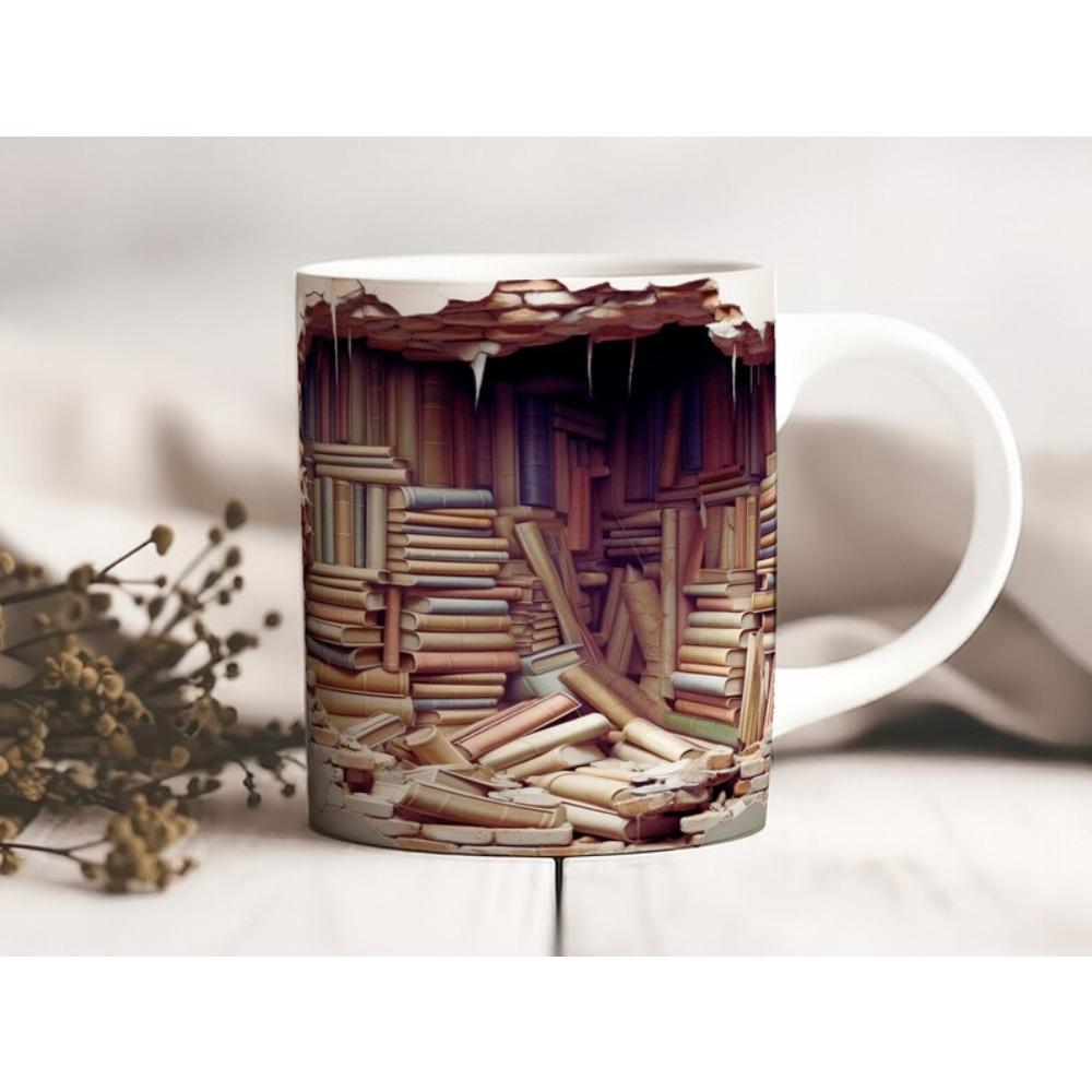 Library ceramic coffee mug bookshelf book fan tea cup reading