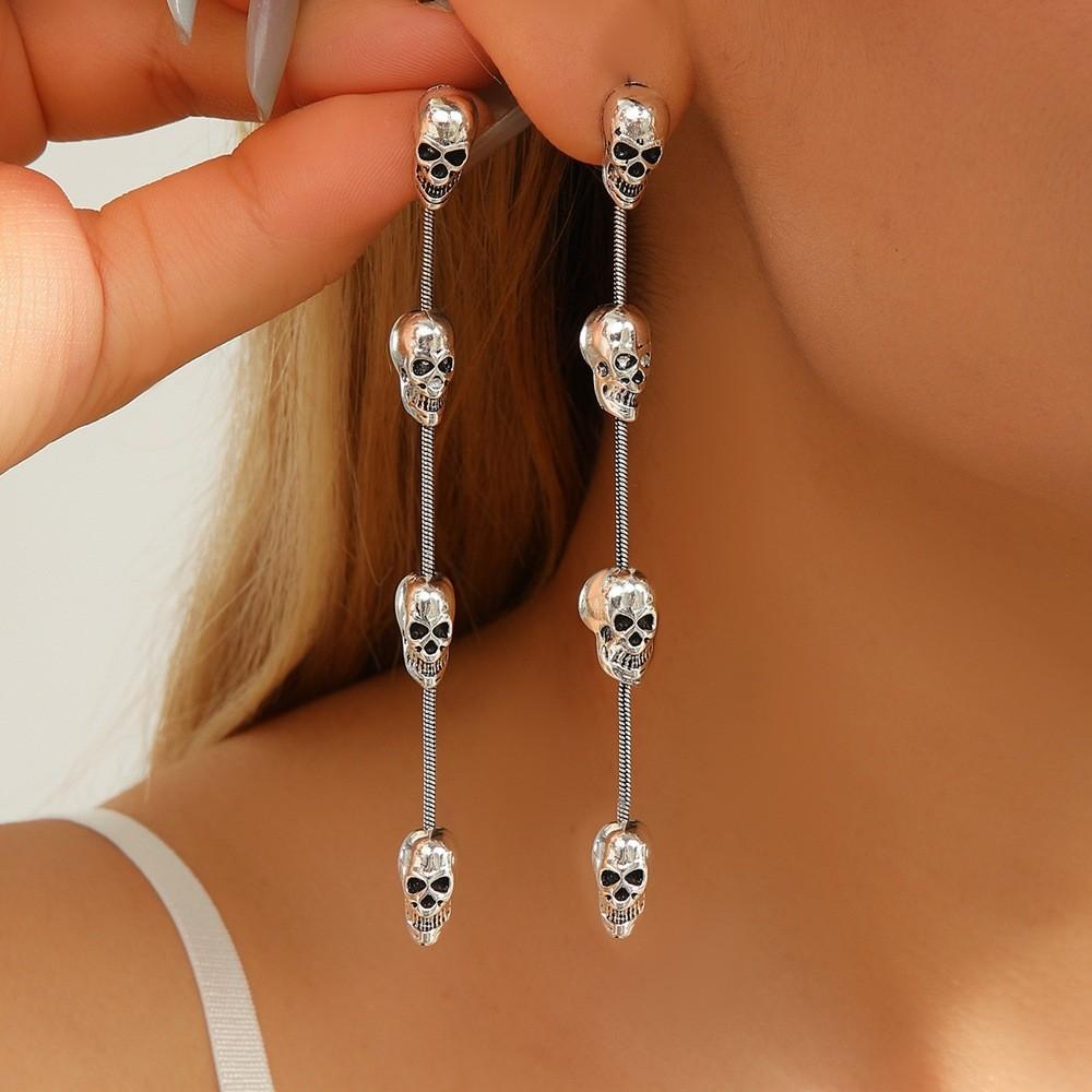Gothic Skull Long Earrings With Metal Dangle For Women Halloween Costume Jewelry