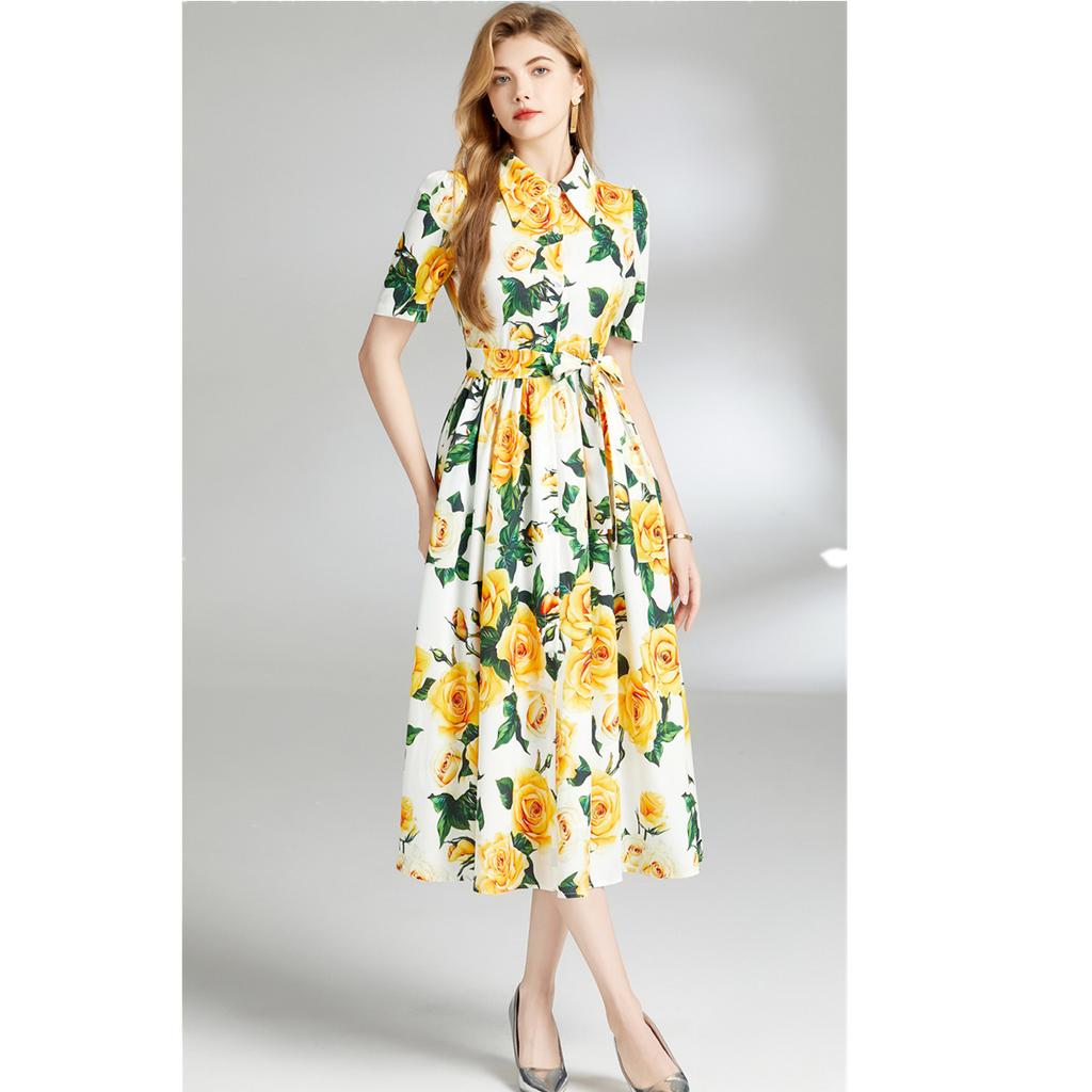 Casual Shirt Dress Women's Lapel Rose Printed Single Breasted Lace Up Belt Short Sleeve Midi Long Summer Dress