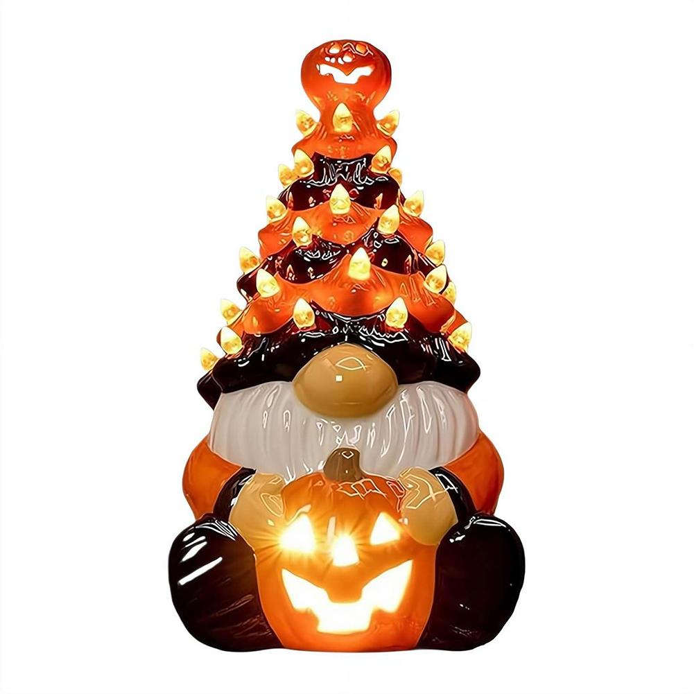 LED Glowing Halloween Gnome Statue Handmade Vintage Halloween Figurines Gnome Pumpkin Lantern Ornaments for Bedroom Night Table