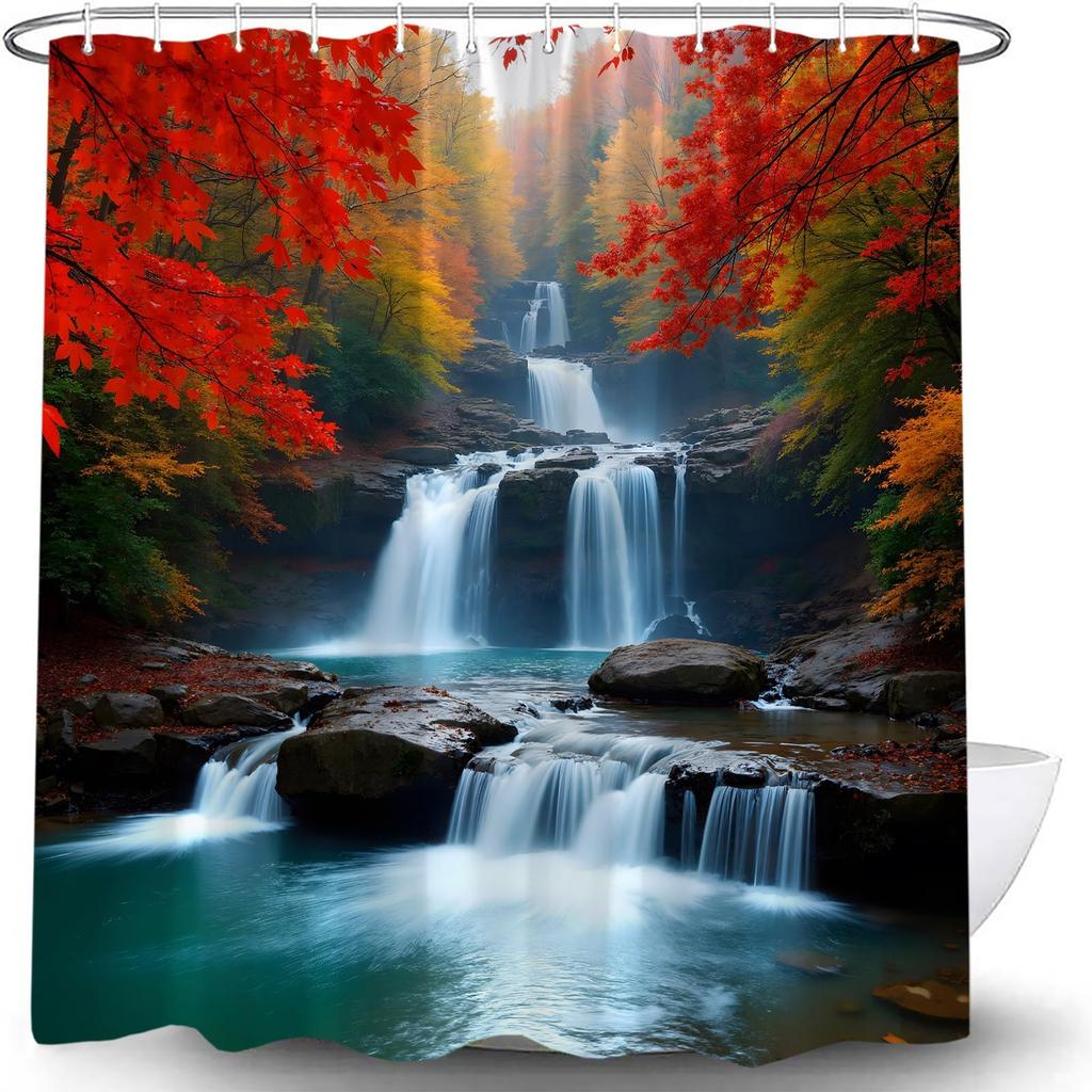 Waterfall Shower Curtain Rustic Floral Butterfly Fantasy Forest Tropical Plant Lake Nature Landscape Bathroom Decor With Hooks
