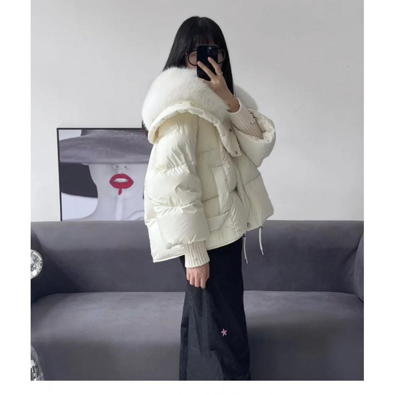 Womens Short Puffer Coat With Faux Fur Collar Loose Fit Thick Duck Down Winter Jacket Cold Weather