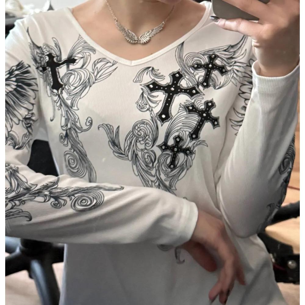Y2k Graphic Cross Wings Print Long Sleeve Women Grunge Fairy T-shirt Harajuku Tee 2000s Aesthetic Punk Style Clothes Streetwear