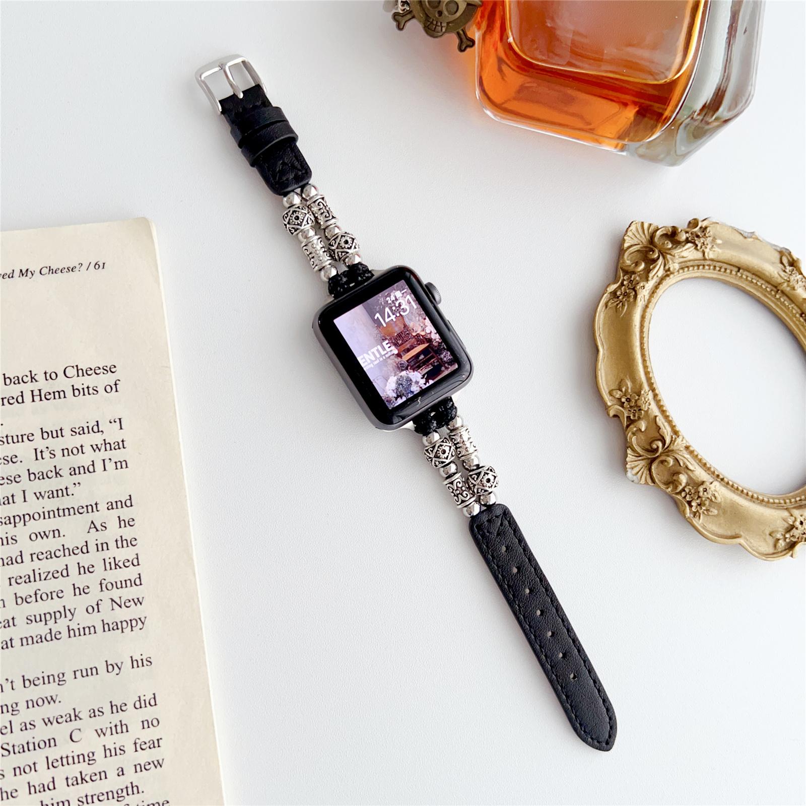 

For Apple Watch Series 10 42mm/9 8 7 41mm/SE (2023) SE (2022) SE 6 5 4 40mm/3 2 1 38mm Leather Watch Band Beads Strap Black
