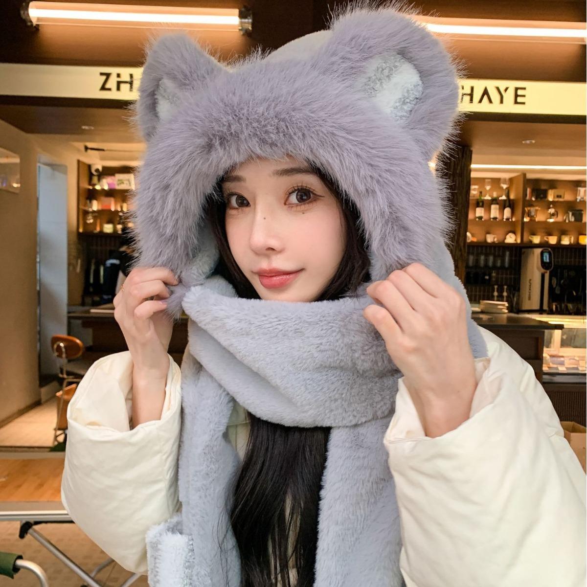

New Winter Plush Warm Cute Bear Hat Autumn and Winter Plus Velvet Thickened Ear Protection Hat Scarf Integrated Hood one size