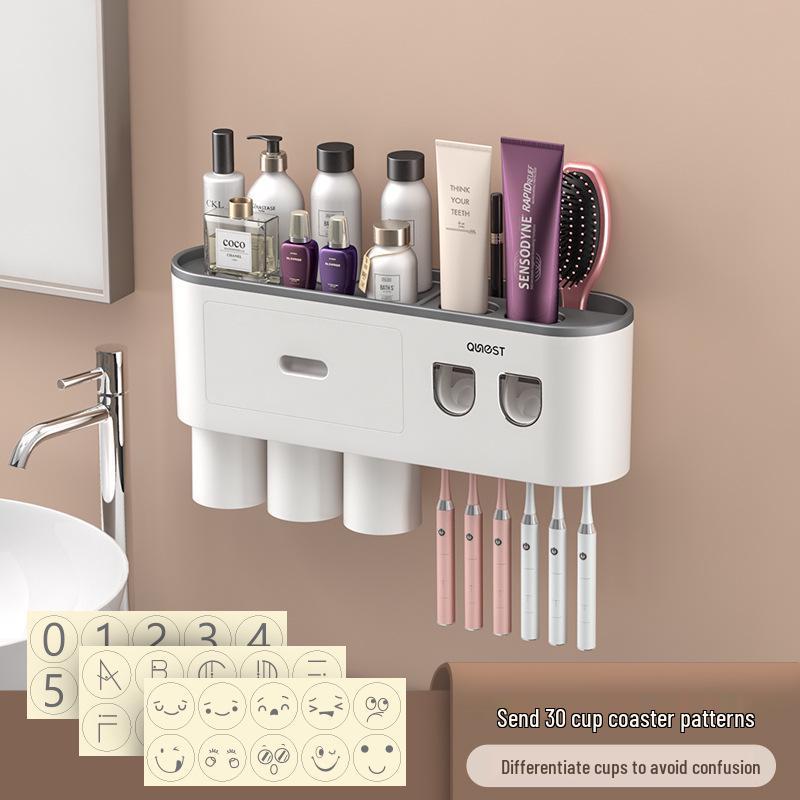 Punch-Free Wall-Mounted Toothbrush & Mouthwash Cup Set with Electric Toothpaste Dispenser