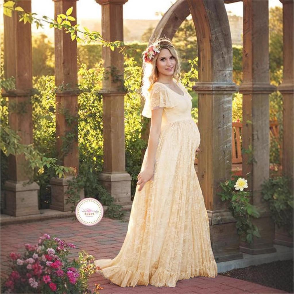 Euro Womens Lace Ruffle Short Sleeve Long Dress With High Waist For Summer Casual Wear