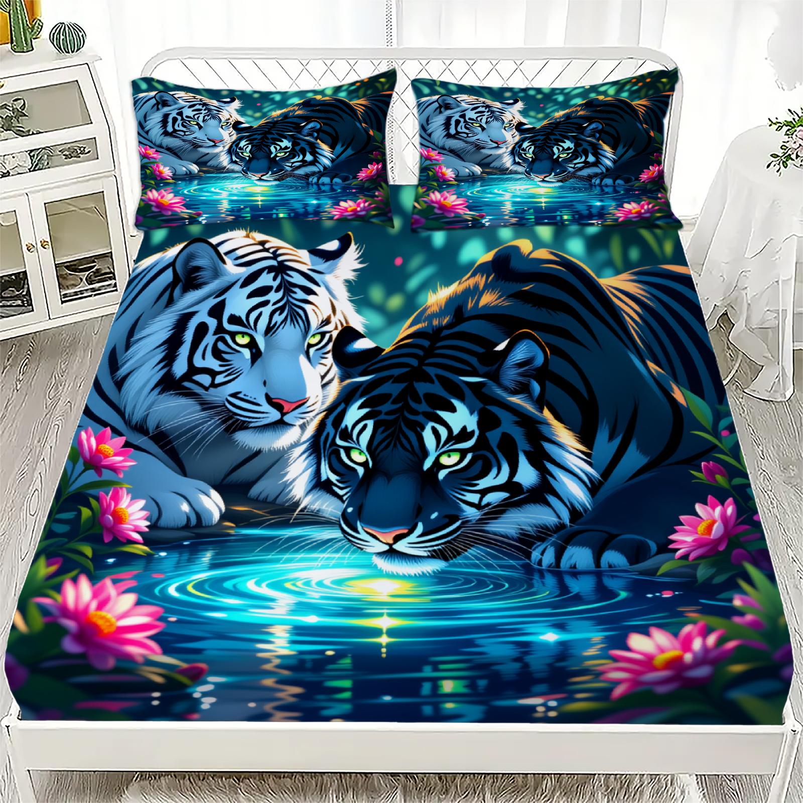 

3pcs Fitted Sheet Set Tiger 3D Printed Animal Pattern Anti-Slip Easy Care Bed Sheet With Pillowcases For Bedroom Decor 99x190x25cm